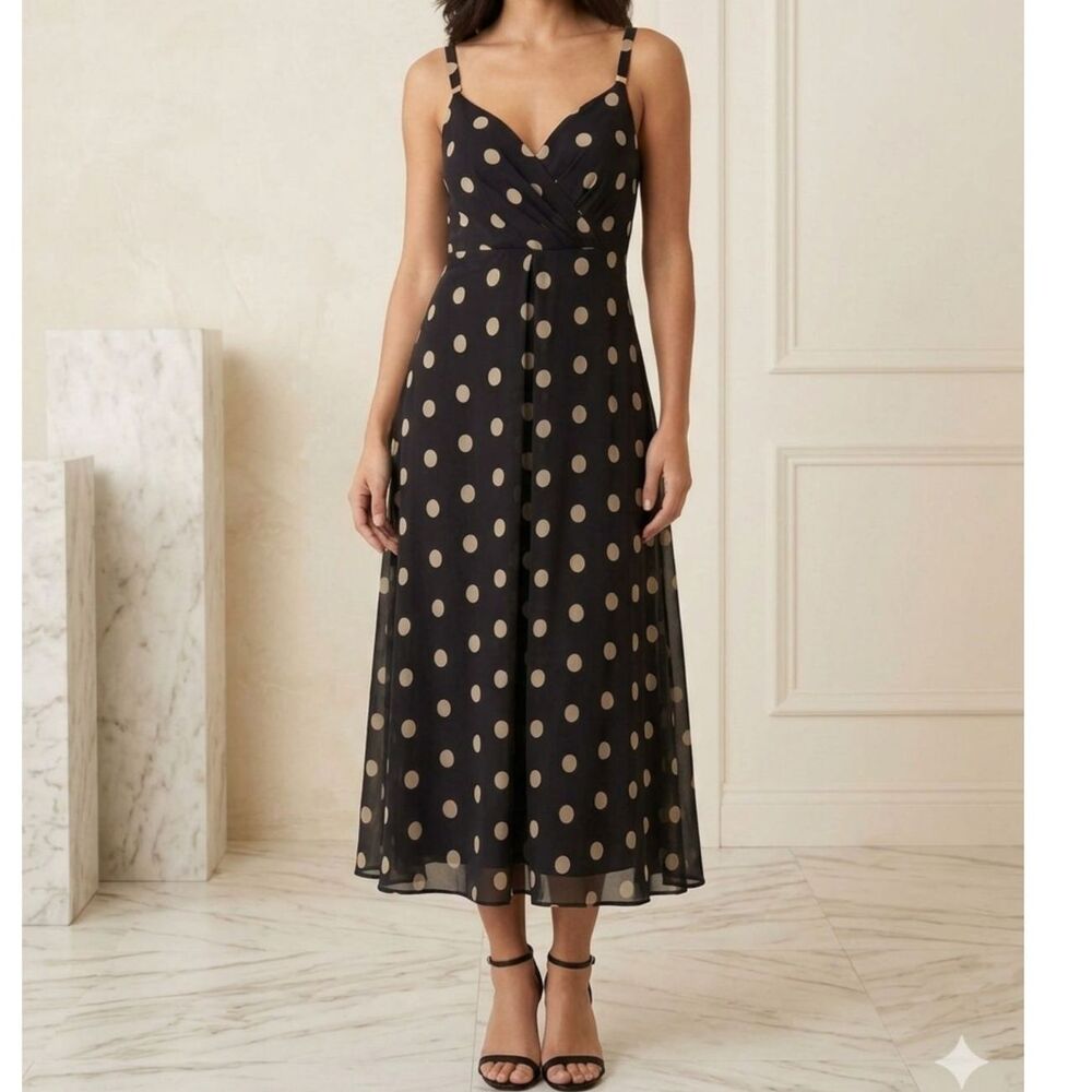 Vtg Y2K Dressbarn Dress Wn 10 Navy Polka Dot Halter Midi Sun Old Money Timeless
